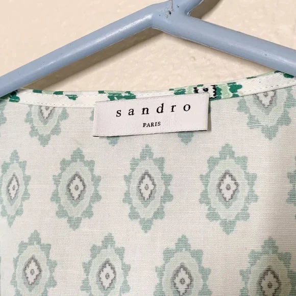 Sandro Namal Printed Crop Top 1 Small Waist Tie 3/4 Balloon Sleeve White Green - Picture 4 of 7